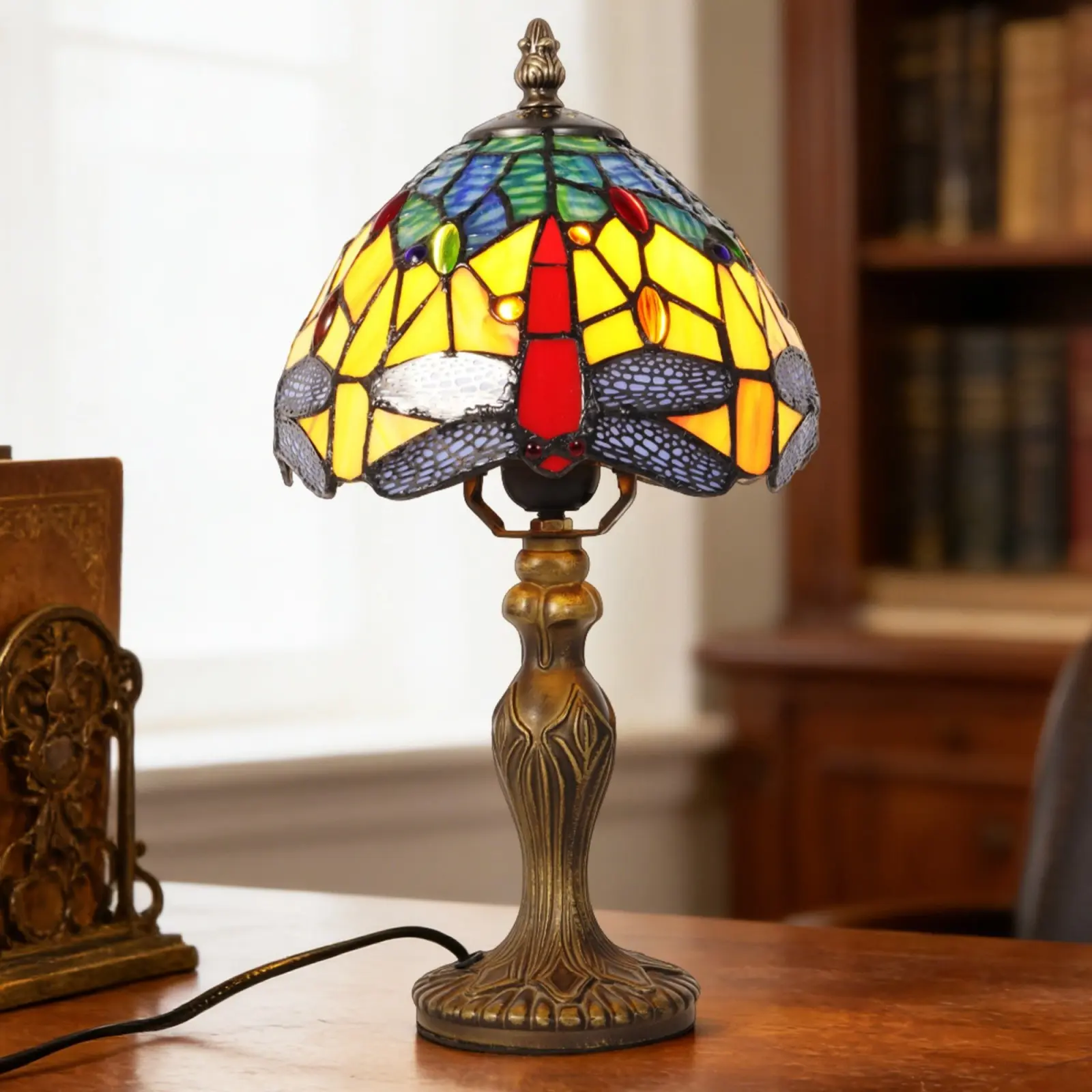 7.9in Vintage Dragonfly Tiffany Table Lamp, Antique Bronze Resin Base E26 Plug-In Warm Night Light for Bedroom Bedside Reading Nook Retro Home Decor