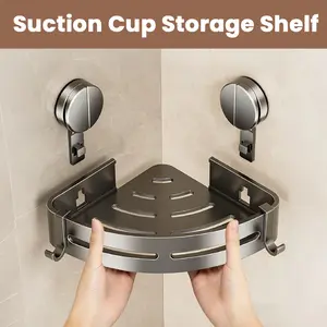 Suction Shower Caddy, No Drill Bathroom Organizer Wall Shelf with Hooks, Removable Rustproof Storage for Shampoo, Soap & Toiletries