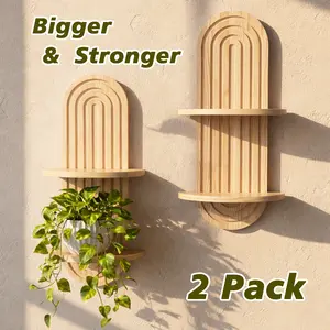 2 Pack Boho Plant Wall Shelves,Wooden Floating Shelf with Arch Design for Indoor Plants, Wall Decor for Living Room Bedroom Bathroom Handmade Iron Witch Bell  Irregular Cosmetic home storage hdpe movable Self-Adhesive stair barro center Nature Set