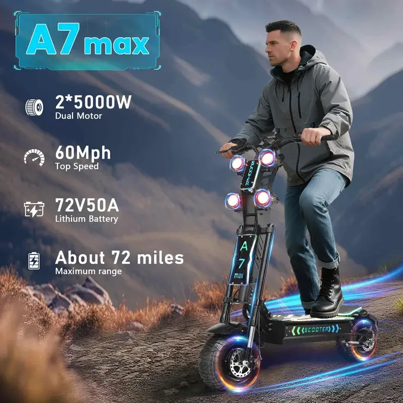 A7 MAX Unisex Folding Off-Road Electric Scooter for Adults, 13-inch, 2x5000W Dual Motors, 72V 50Ah Battery, 60mph High Speed Scooter, 72mi Range, Hydraulic Brakes, 3 Gears, IP60, RGB Lights, Aluminum+Iron Frame, Cruise Control, Fits 150-180cm Riders