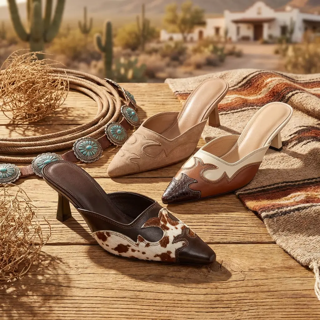 Women's Western Heeled Mules with Pointed Toe Kitten Heel, Shoes for Women in Cow Print, Faux Suede & Snake, Cushion Pads Included, Heels For Women
