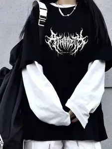 Unisex Long Sleeve Fitted T-Shirt, Casual Daily Everyday Wear, Simple Versatile Graphic Knit Design, Youthful Campus Style, Streetwear Street Cool Fake Two-Piece, Top