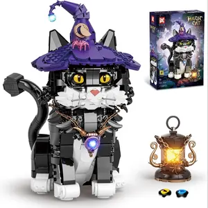 Magic Cat Creative Building Blocks Set, with  Cute Cat with Wizard Hat & Glowing Lantern, Collectible Display Decor Model Kit, Gift for Adult Cat Lovers & Kids Ages 8+(1128PCS),Halloween gift