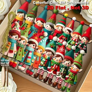 2D Flat Recycled Wood Elf Figurines, Colorful Classic Ornaments with Expressive Faces, 4.72" Tree Toppers for Christmas Decor