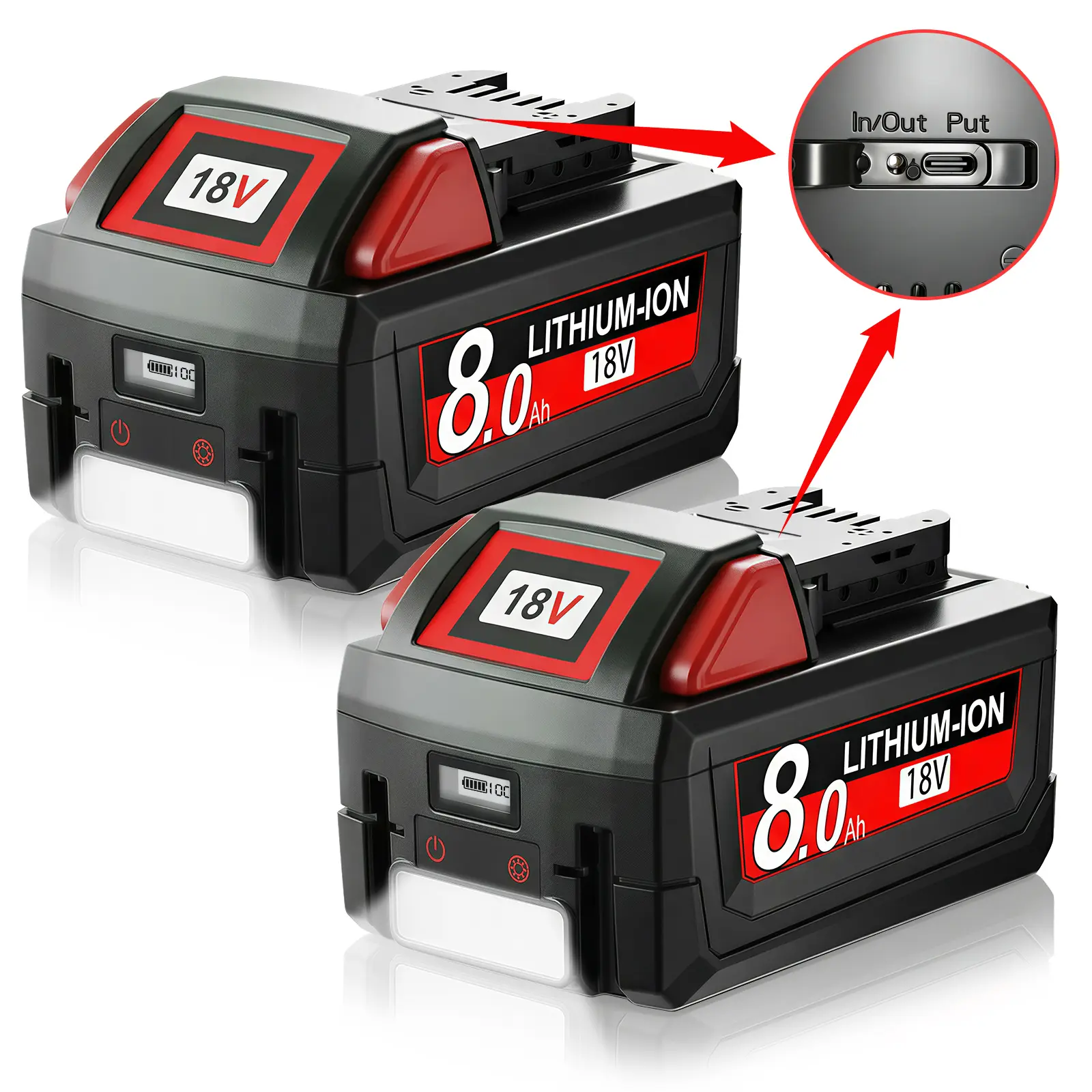 New Upgrade 2-Pack 18V 8.0Ah Replacement for Milwaukee M18 Battery with LCD Display, LED Light & PD-Ready USB-C Port – Compatible with 48-11-1850, 48-11-1840, 48-11-1852, 48-11-1815 – Lithium-Ion for Cordless Tools