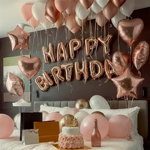 46pcs/set Rose Gold Birthday Party Decoration Balloons Set, Happy Birthday Banner, Heart Star Latex Balloons, Room Decor Props, Anniversary, Balloon Arch, Balloon Party Supplies