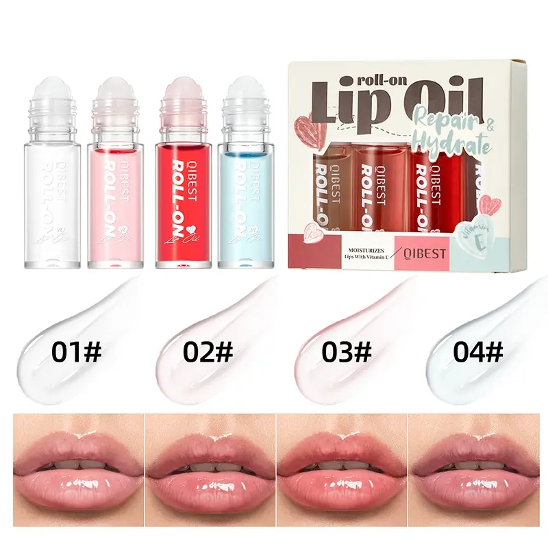 4Pcs Colorless Transparent Rolling Bead Lip Oil, Moisturizing Hydrating Anti-Drying Lip Lotion, Smooth Roller Ball Lip Care Kit