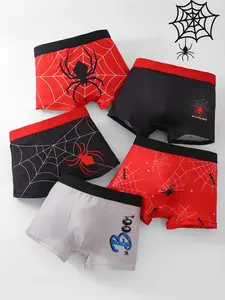 5pcs Boys' Spider Print Briefs, Loose-Fitting Casual Underwear, All Seasons Wearable, Random Print, Comfortable Sports Bottoms, Casual Comfy Underwear, Stylish Underwear