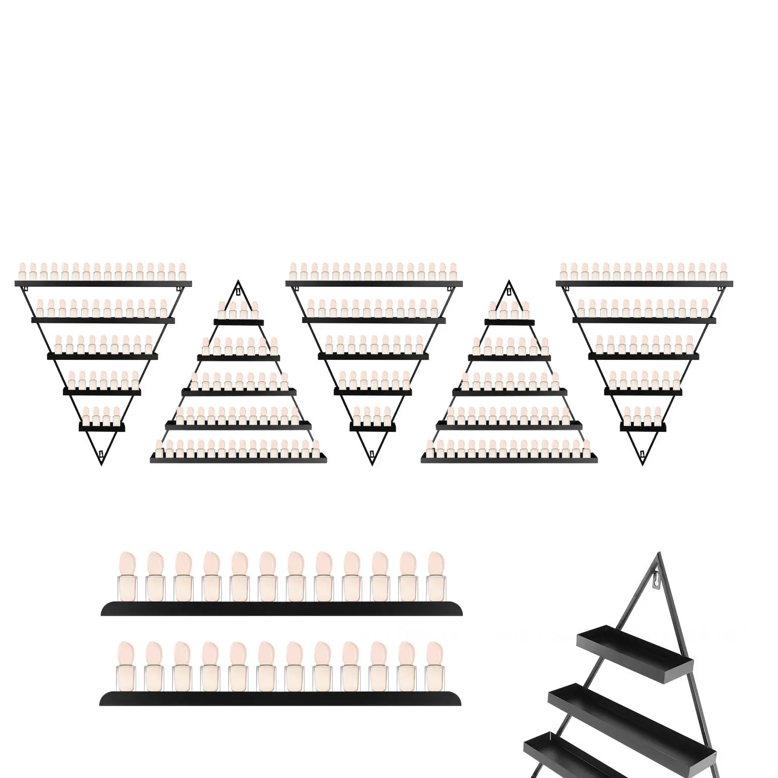 Black Wall-Mounted Nail Polish Home Organiser - 6-Piece Multi-Tiered 5-Layer Triangular Tool Rack, 5 Horizontal Bars, Heavy-Duty Indoor Spa Storage Shelf with Large Capacity for Essential Oil Bottles, Lipsticks, Perfumes