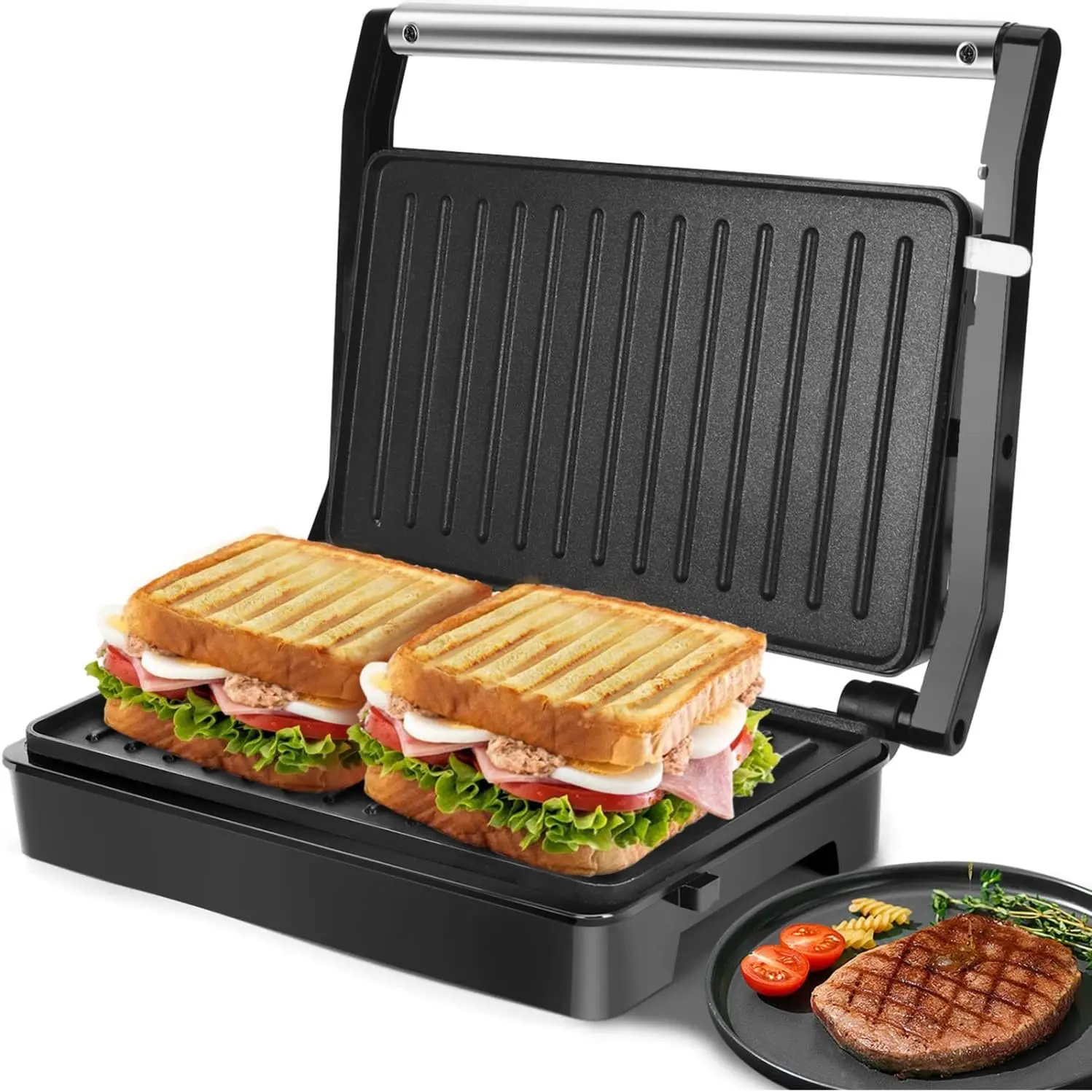 1000W Panini Maker & Indoor Electric Grill - Adjustable Nonstick Sandwich Maker with Non-Stick Plates, Light Cool-Touch Handle, Easy Storage & Cleaning for Versatile Grilling, Grill Indoor, All Purpose Grilling