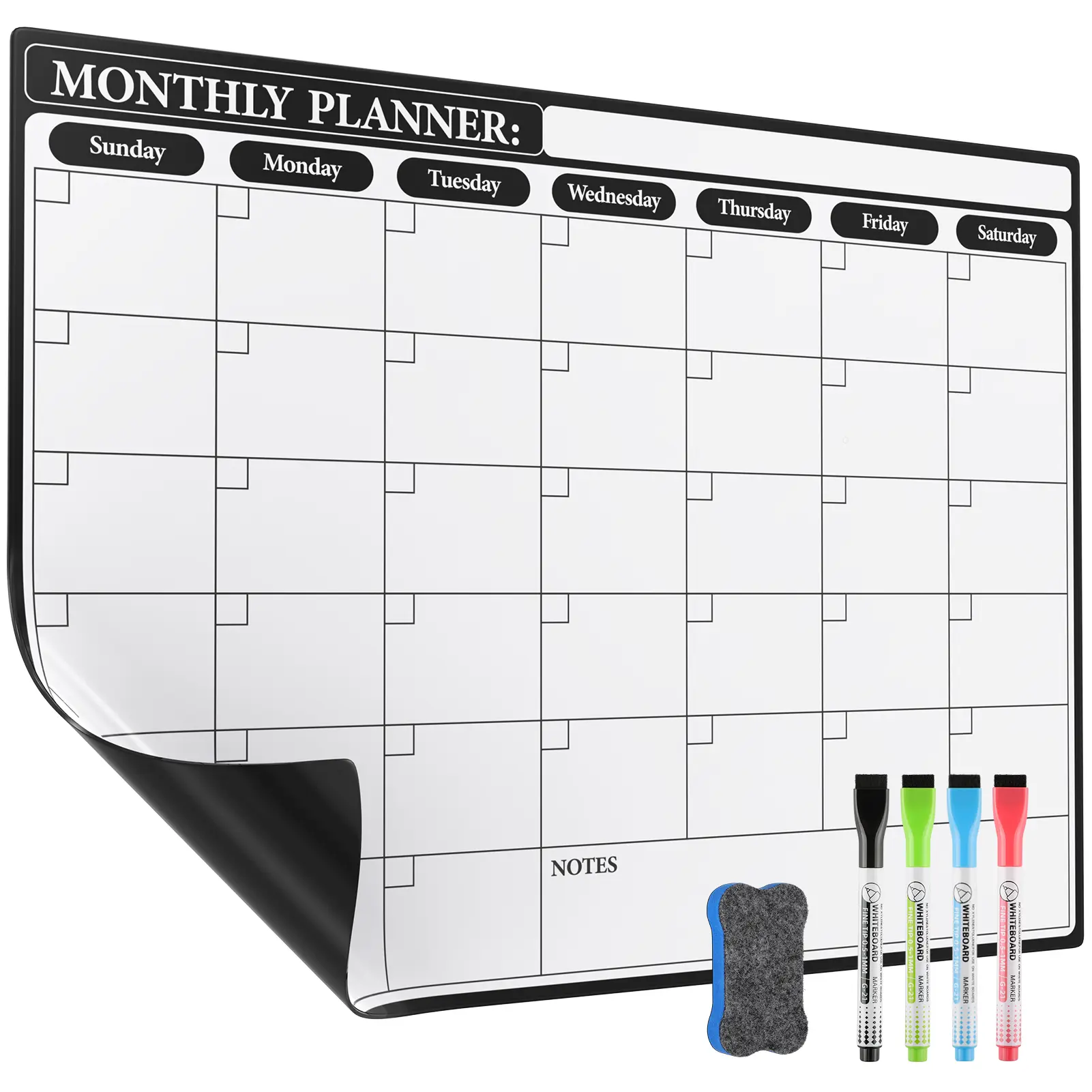 MaxGear Magnetic Dry Erase Calendar Board - Erasable Planning Boards, Fridge Whiteboard Monthly Planner with 4 Markers & 1 Eraser, Reusable Refrigerator Family Organizer
