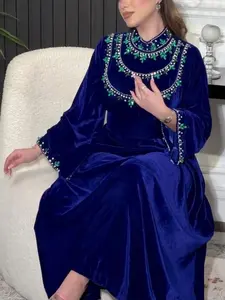 Muslim Velvet Zipper Water Drop Rhinestone Dress, Elegant Loose-Fit Woven Fabric, All Seasons Wearable, Moderate Thickening, Muslim Evening Dress