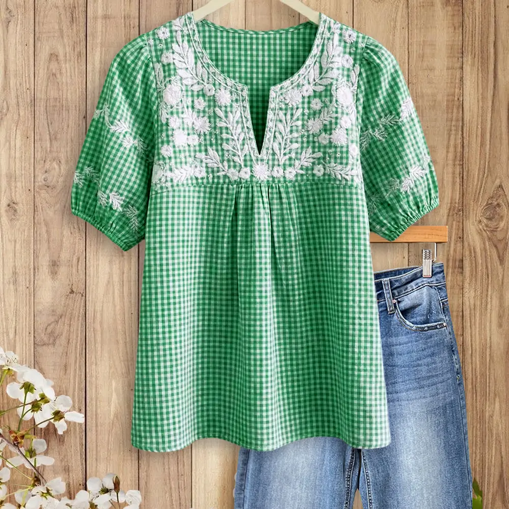 Sage Vell 100% Cotton Green Gingham White Flower Embroidered V Neck Puff Sleeve Loose Fit Blouse Shortsleeve Womenswear Casual Top