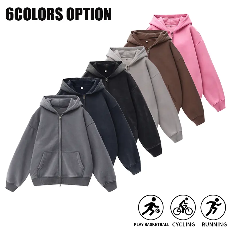 Retro washed distressed zip-up hooded sports jacket for men and women, breathable long sleeves, two kangaroo pockets, open-front design; suitable for basketball, cycling, running, and outdoor wear; versatile basic piece available in multiple colors, coupl