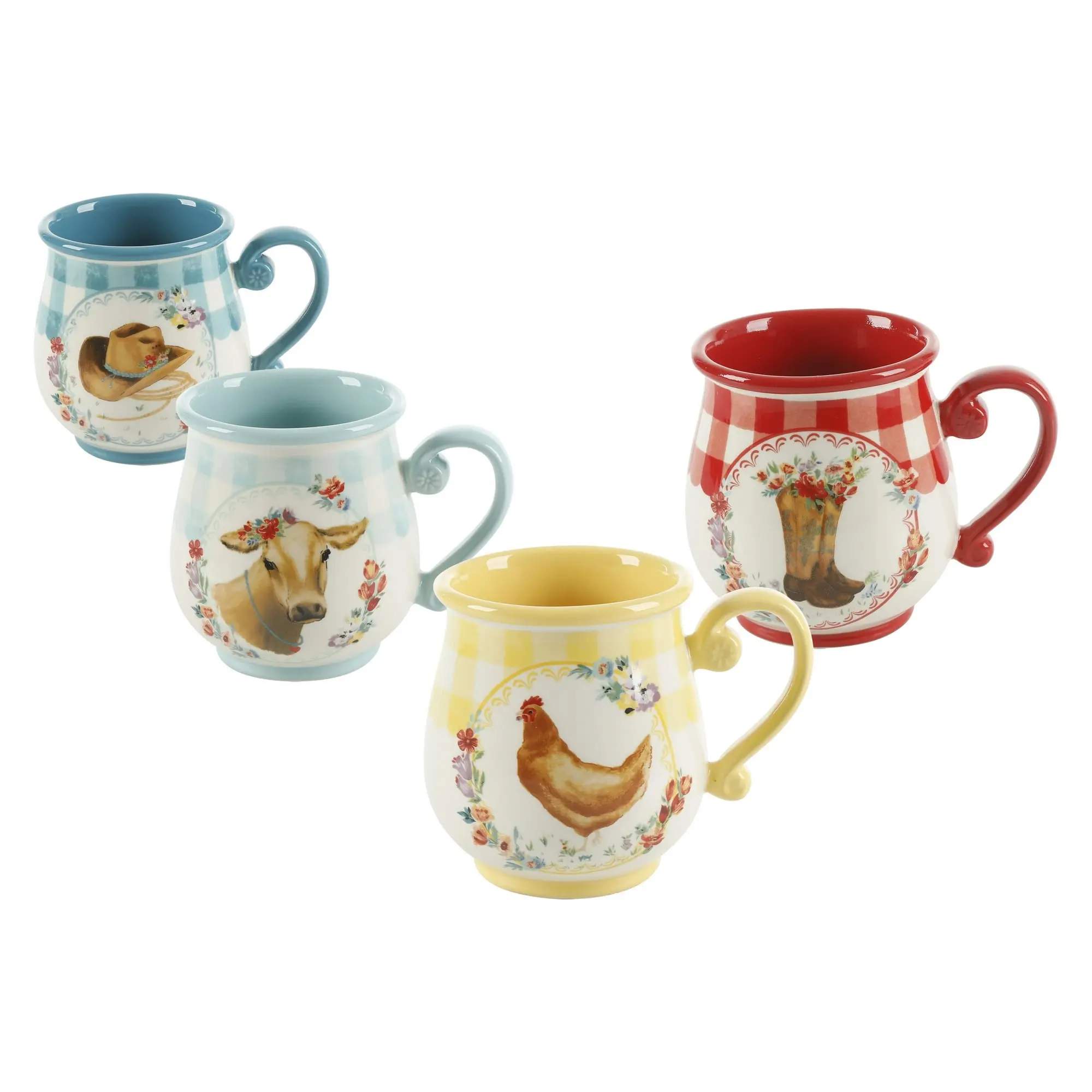 The Pioneer Woman Novelty Gingham Multi-Color Stoneware 16-oz Mugs, Set of 4