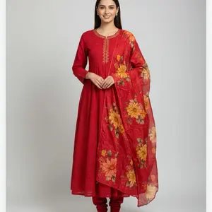 Bichitra Silk Thread Work Embroidery Anarkali Set with Floral Dupatta for Formal Women's Wear, Comfortable Workwear for Any Occasion - Womenswear, Dress Hot Pink Asian Party