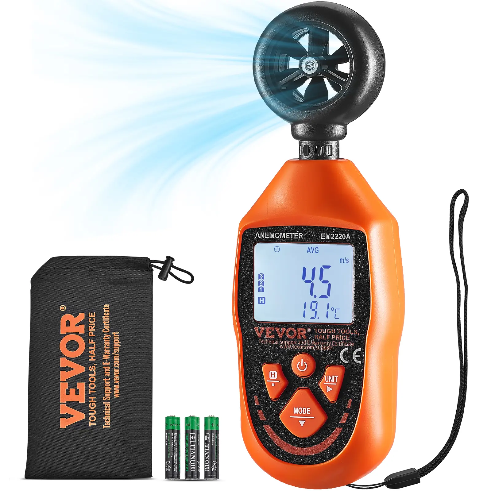 【toolupgrade】VEVOR Portable Hardware Anemometer Tool with LED Backlight Screen, Batteries + Lanyard, Storage Bag, Fast Accurate Gauges (0-69.35mph,14-113℉) for Weather Monitoring, Agriculture - Measures Speed, Temperature, Air Volume, Wind Chill Factor, O