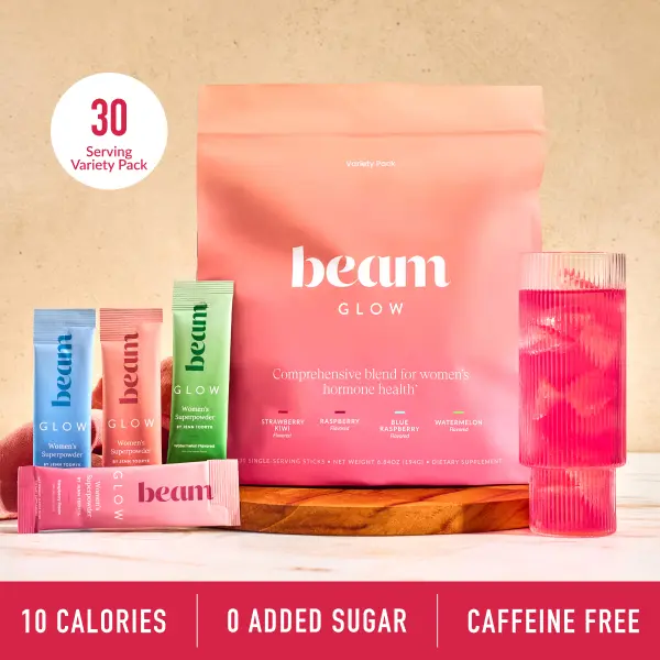 Beam Glow Variety Pack — 30 Single-Serve Sticks for Women’s Hormone Balance, Skin, Hair & Nail Support (Strawberry Kiwi, Raspberry, Blue Raspberry, Watermelon Superblend)