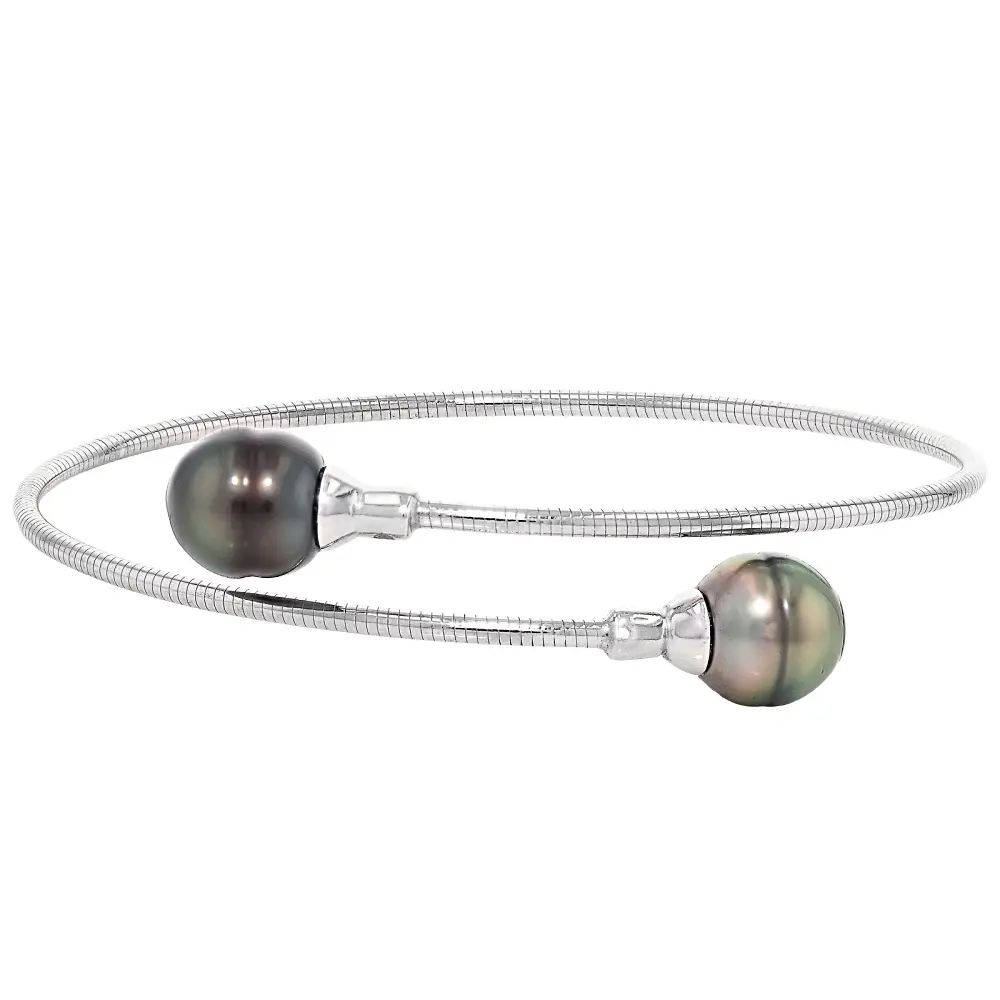 JTV Cultured Tahitian Gambier Pearl Rhodium Over Sterling Silver Bangle