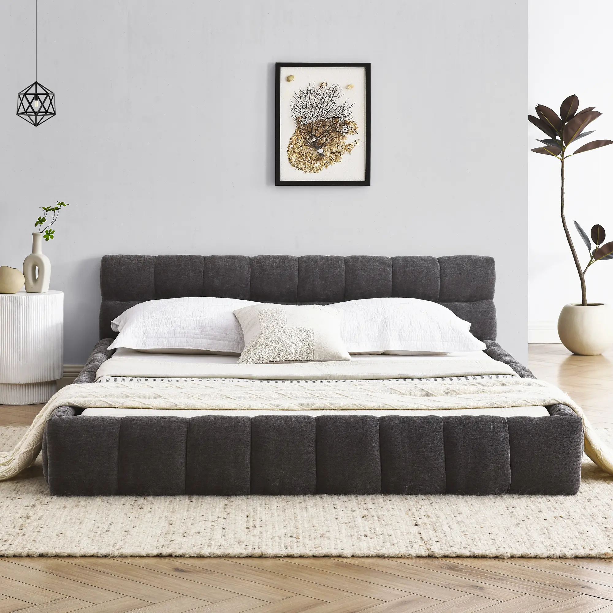 Upholstered Queen Platform Bed Frame with Headboard, Soft Cloud Bed Frame Shell-Shaped,Sturdy Slats, Heavy Duty 500 lbs, Queen Size Cloud Bed for Bedroom, No Box Spring Needed, Easy Assembly