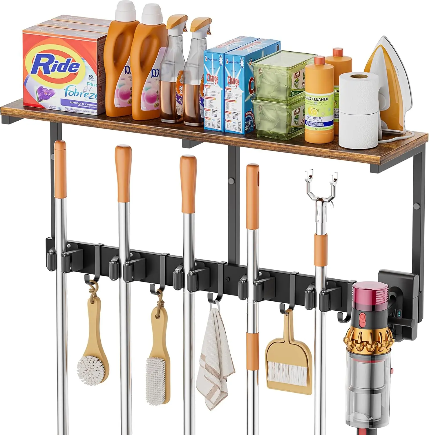 Metal Heavy Duty Household Broom Holder Wall Mount - Mop Holder, Cleaning Tool Organizer with Storage Shelf, Hooks & Wall Rack for Easy Installation in Laundry Room, Garage, Home Organization