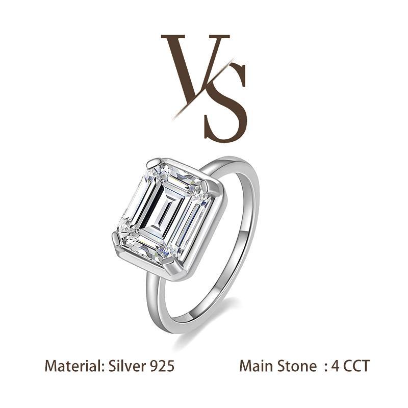 [Venus Jewelry] Synthetic Moissanite 4 CCT Emerald Cut East To West Solitare Design VVS 1 D Color Solid Silver 925 Ring