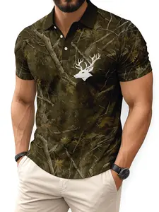 Woodland Camo Deer Polo Shirt, Outdoor Hunting Casual Top, Fitted Style, Fitted Polo Shirts, Print Pattern, Men's Fashion, Aesthetic, Comfortable Wear, Camouflage, Menswear
