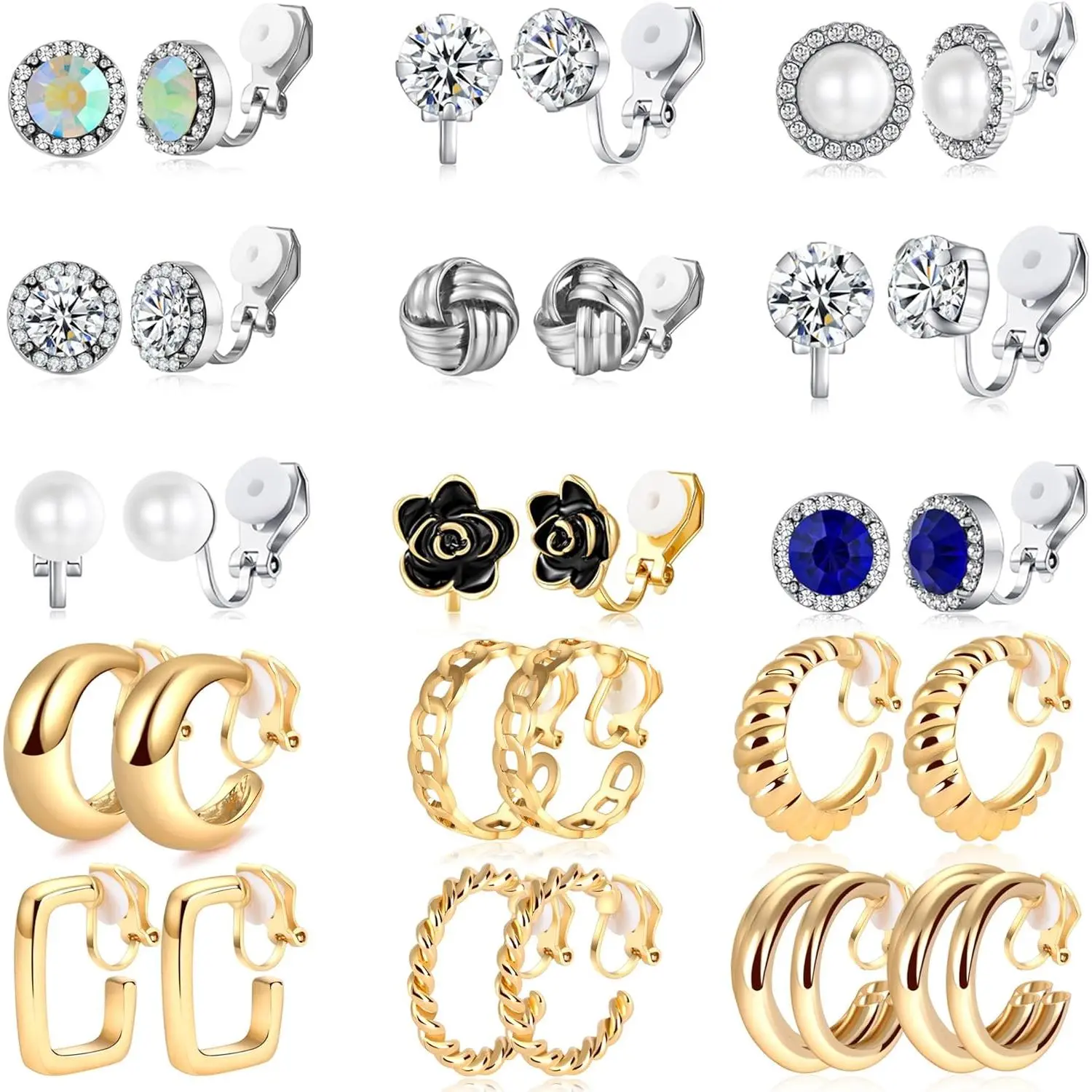 15 Pairs Clip On Earrings for Women Non Pierced Gold Sliver Cute Earrings Crystal Earrings Pearl Earrings Charming Fashion Chunky Hoop Earrings Set Hypoallergenic Gift