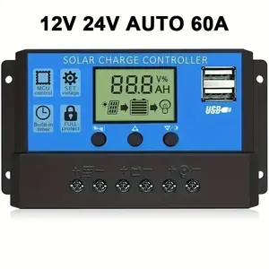 60A Solar Charge Controller Adjustable LCD Display Dual USB Ports Timer Settings Pwm Regulator for 12V/24v Systems Blue Color Safety