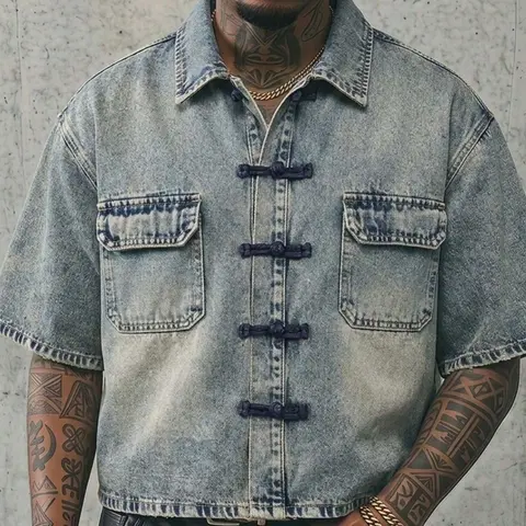 Men's Plain Light Blue Washed Denim Short Sleeve Shirt - Menswear, Relaxed Fit, Button-Front, Soft, Vintage Clothing, Streetwear, Classic Workwear, Pocket Detail, Summer Outdoor Everyday Top