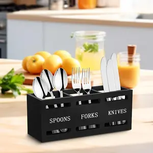 Rustic Wooden Kitchen Utensil Holder With Sturdy Iron Handle - 3-Compartment Organizer For Spoons, Forks, Knives - Perfect For Home & Restaurant Storage