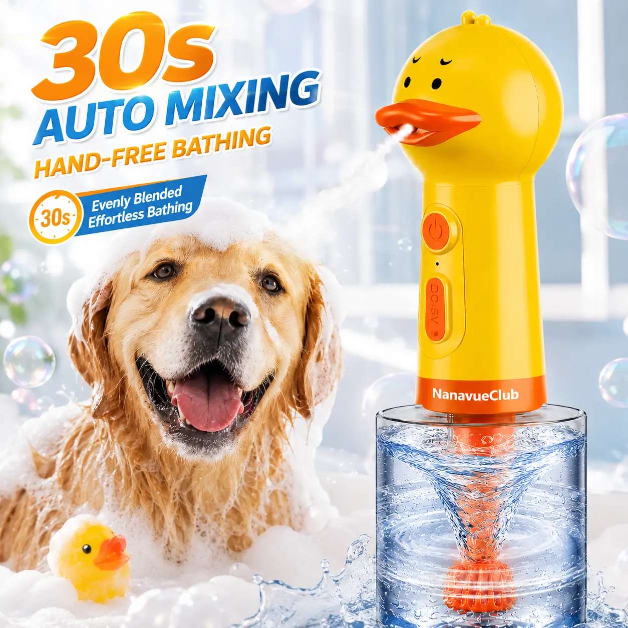 Dog Grooming Cute Duck Electric Foam Sprayer Spray Bottle - Universal Fit, Hands-Free No-Mess Pet Shampoo Dispenser with Auto Mix System for Stress Free Bathing