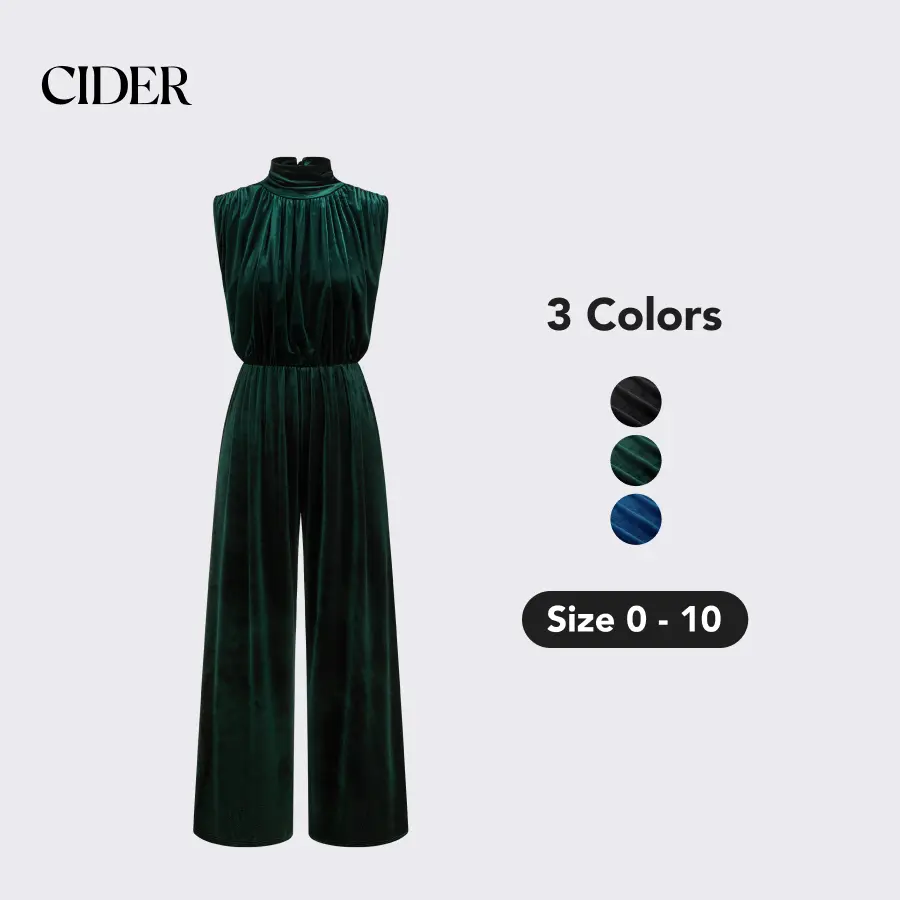 Cider [3 colors, size 0-10] Velvet High Neck Solid Ruched Zipper Wide Leg Jumpsuit