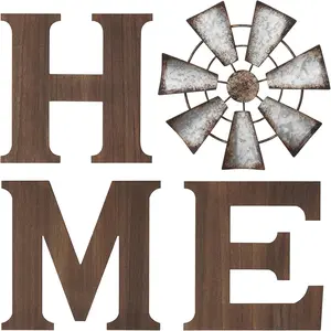 Farmhouse Wall Decor Wooden Home Sign with Metal Windmill for O Rustic Hanging Letters Decorative Art Signs Living Room Kitchen Bedroom Entryway House, Brown, Home Decor, Household Items Decor