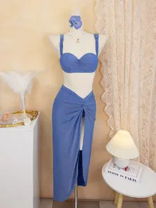 Ocean Dream Blue Elegant Three-Piece Set, Silver Color Fabric Ruched Design, Sleeveless Waist Pleated Slit Skirt, High-End Fashion for Women