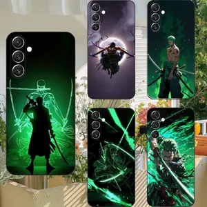 Anime Swordsman Green Sword Aura Silhouette Phone Case For Samsung Galaxy S26 S25 S24 S23 S22 S21, Anti-Scratch Black Frame Cover, Anime Fan Gift