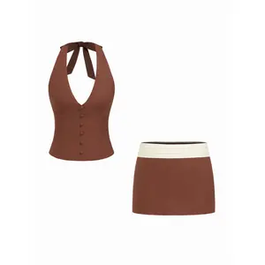 Cider Linen-blend Halter Neck Button Front Top & Mid Rise Colorblock A-line Mini Skirt Set SwimWeek