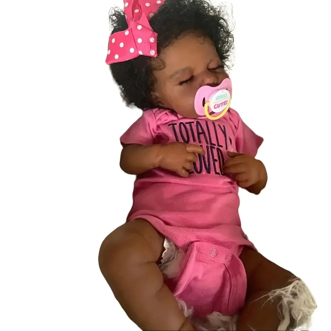 22inch (55cm) Lifelike Realistic Newborn Reborn Baby Doll, Handmade Rooted Curly Hair Soft Stuffed Baby Doll with Pink Bow & Pacifier, Halloween-Christmas Gift Toy