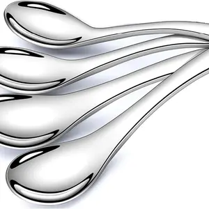 4 Piece Set Home Soup Spoons, Stainless Steel 6 Inch Short Handle Asian Ramen Spoons, Dishwasher Safe Silver Color Tableware Dinnerware Utensils for Soup and Tea Kitchenware