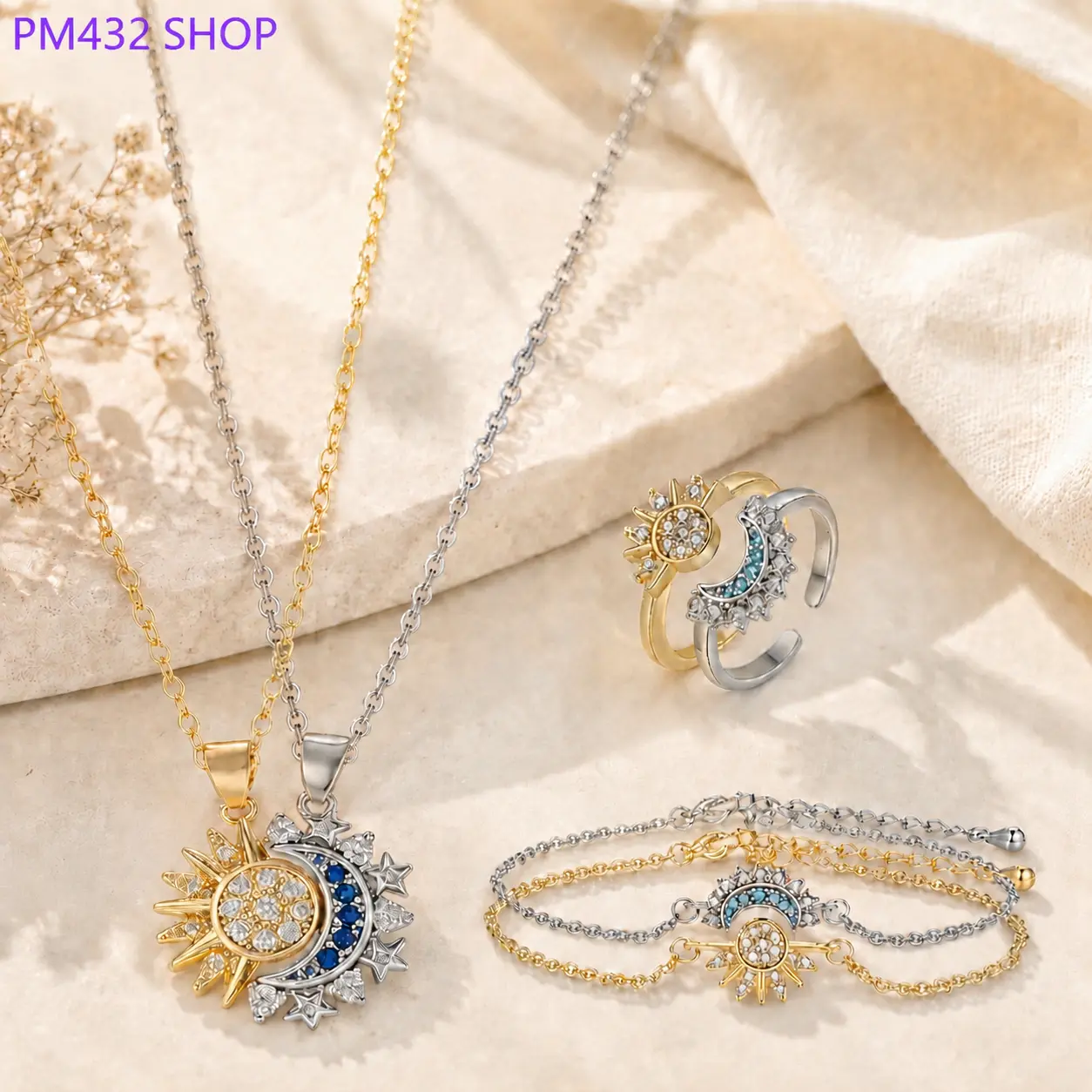 3-Piece Sun and Moon Magnetic Matching Jewelry Set, Necklace Bracelet and Ring Set for Couples, Adjustable Couple Jewelry Gift for Him and Her