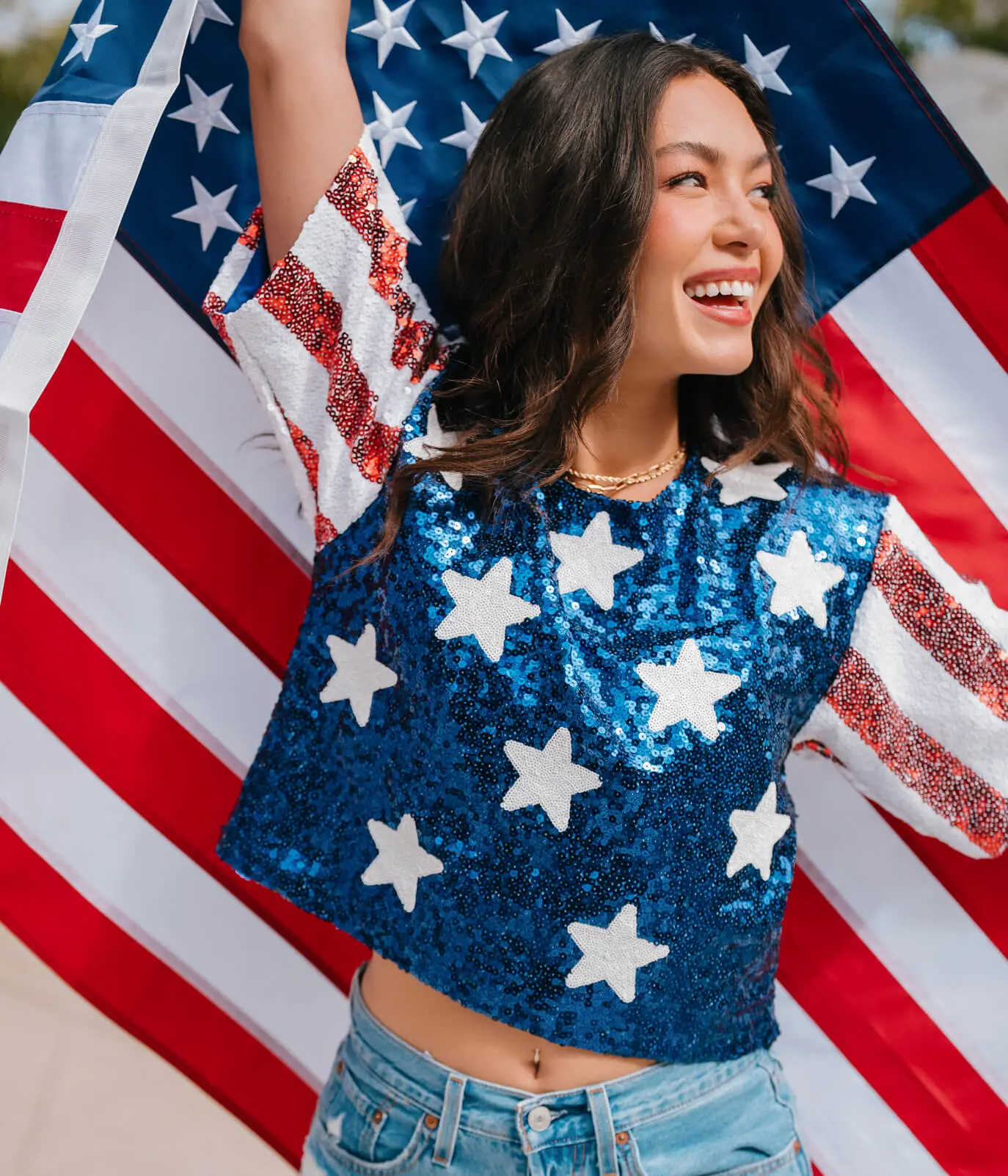 Women's Sequined Stars-and-Stripes Flag Cropped Tee, Casual Comfy Cropped Fit, Fire Style for Insta Stories, Party, Photo Ops, Tops, Sequins, Red White Blue Glitter Star Women's T-Shirts, Glitter Star Embellishments Women's T-Shirts