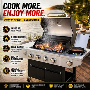 Propane Gas Grill 4-Burner Barbecue with Side Burner 46500 BTU Stainless Steel Outdoor Cooking Station for Backyard Patio and Garden Heavy Duty BBQ Grill with Wheels Temperature Gauge Black and Silver Finish