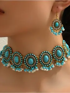 Boho Style Turquoise Beads Decor Necklace & Dangle Earrings, Vintage Trendy Jewelry Set, Fashion Accessories for Women & Girls