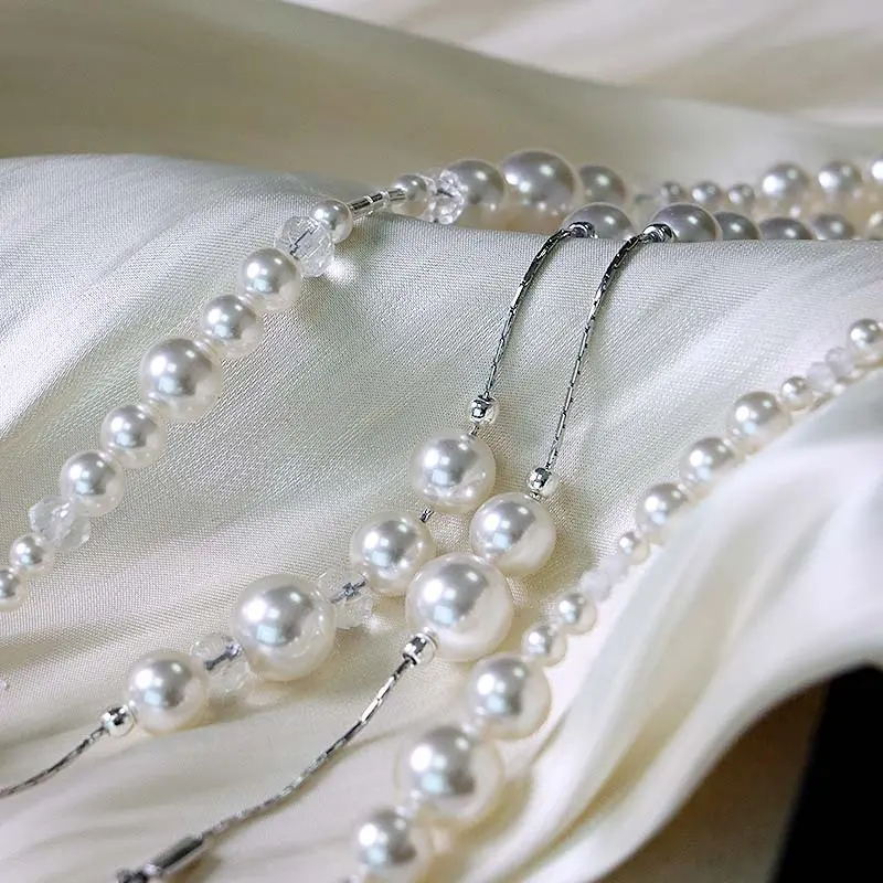 Broken Layered Pearl Sweater Chain Three-Layer Asymmetrical Necklace Women's French Multi-Layer Pearl Necklace