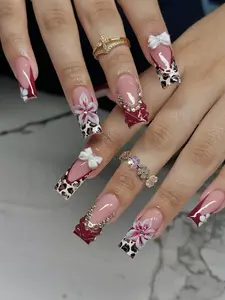 Luxury Burgundy Leopard Press On Nails 3D Flower Bow Acrylic Long Coffin Rhinestone Nails Elegant Style for Wedding Party Event