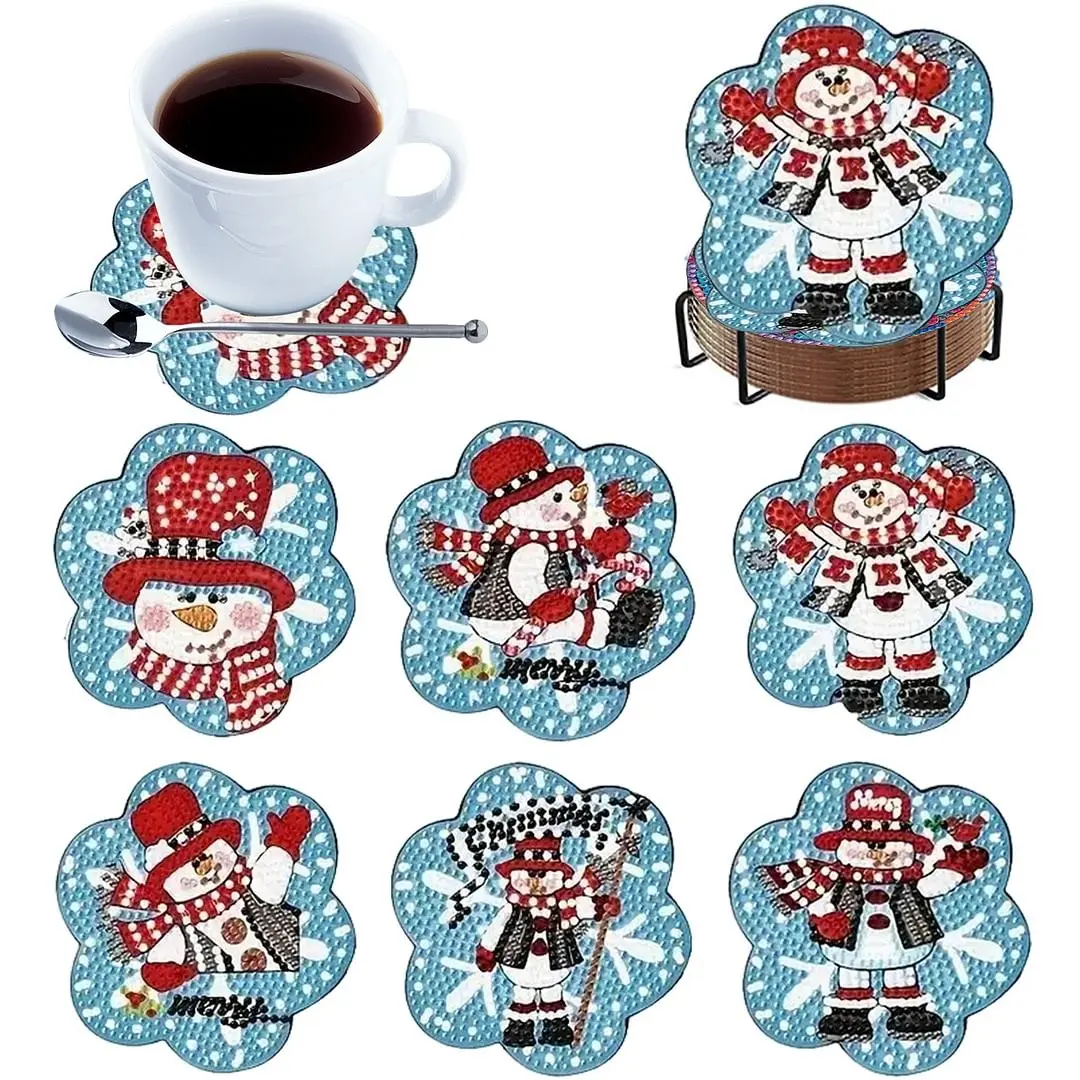 6-Piece DIY Diamond Painting Aesthetic Decorative Coaster Set with Stand, Christmas Snowman Theme, Round & Unique Shapes, Wooden Coasters, Wooden Craft Kit for Adults & Beginners