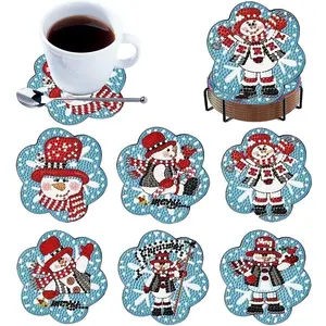 6-Piece DIY Diamond Painting Aesthetic Coaster Set with Stand, Christmas Snowman Theme, Round & Unique Shapes, Wooden Coasters, Wooden Craft Kit for Adults & Beginners