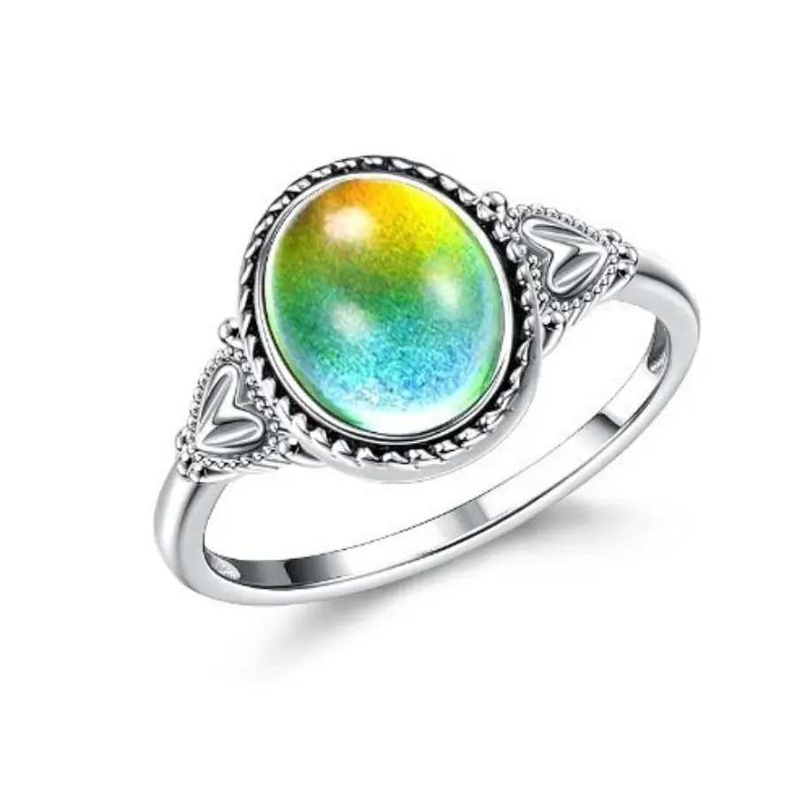 Color-Changing Mood Ring for Women, Silver-Plated Band with Heart-Shaped Crystal Accents and an Oval Gemstone, Unique Rings, Mood Rings
