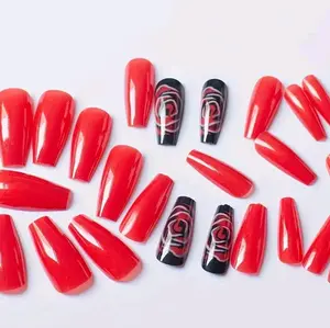 Long Coffin Red & Black Rose Design 24 CT Press On Nails