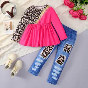 Kid Girl Long Sleeve shirts and Denim Pants 2Pcs Leopard Splicing Pullover Outfits Set Size 4-7,Ready Stock 132407205
